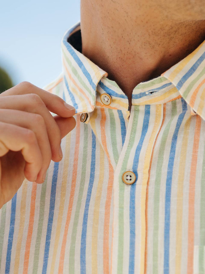 Men's Striped Short Sleeve Linen and Cotton Shirt Model Collar Closeup