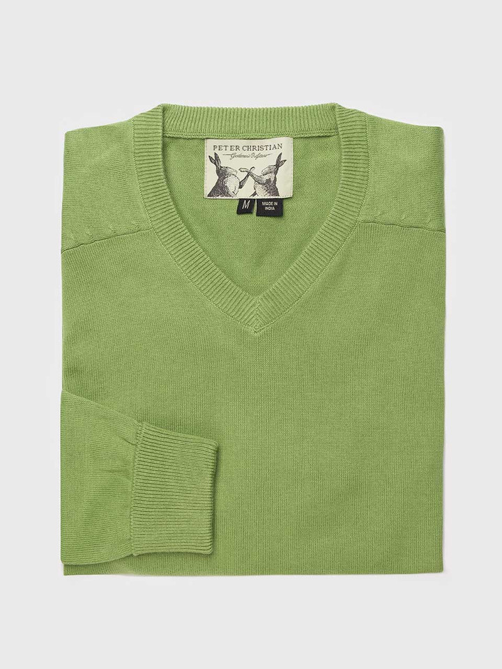 Men's Green Cotton V Neck Jumper Folded