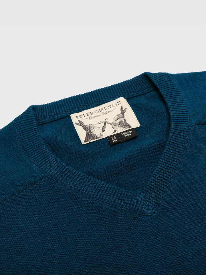 Men's Navy Cotton V Neck Jumper - Collar