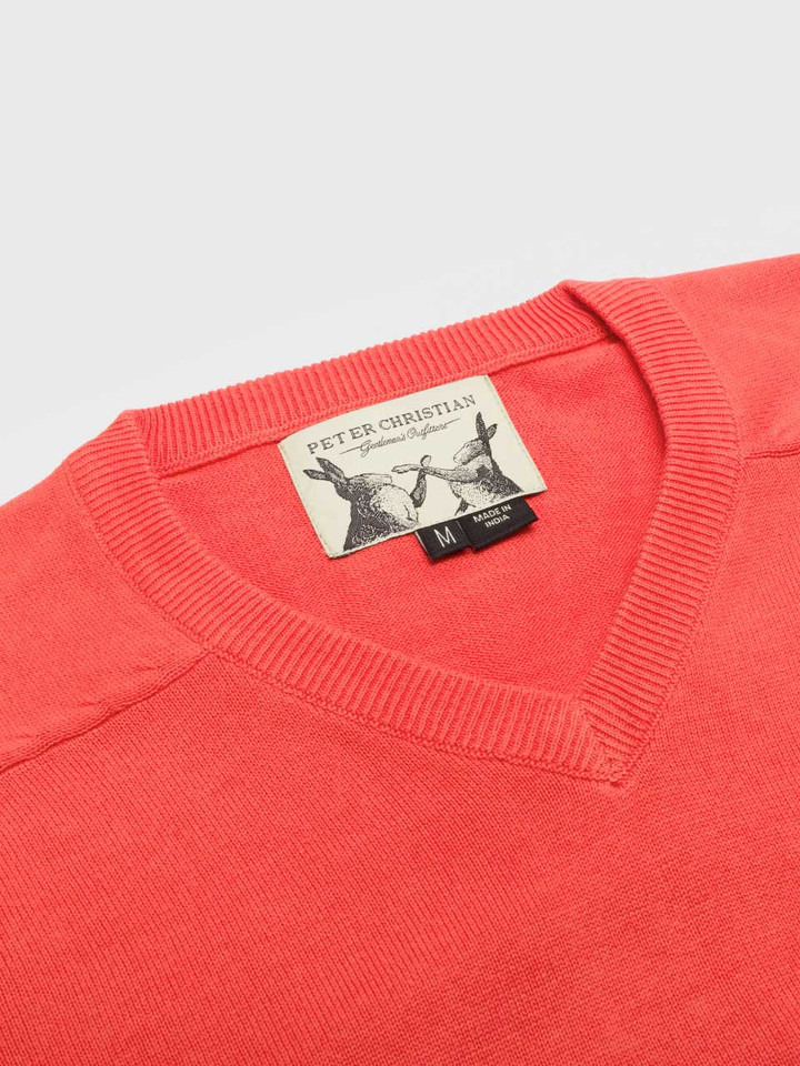 Men's Coral Cotton V Neck Jumper Collar