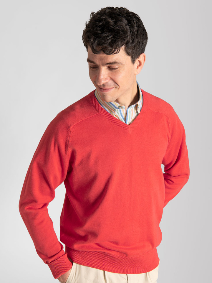 Men's Coral Cotton V Neck Jumper on model