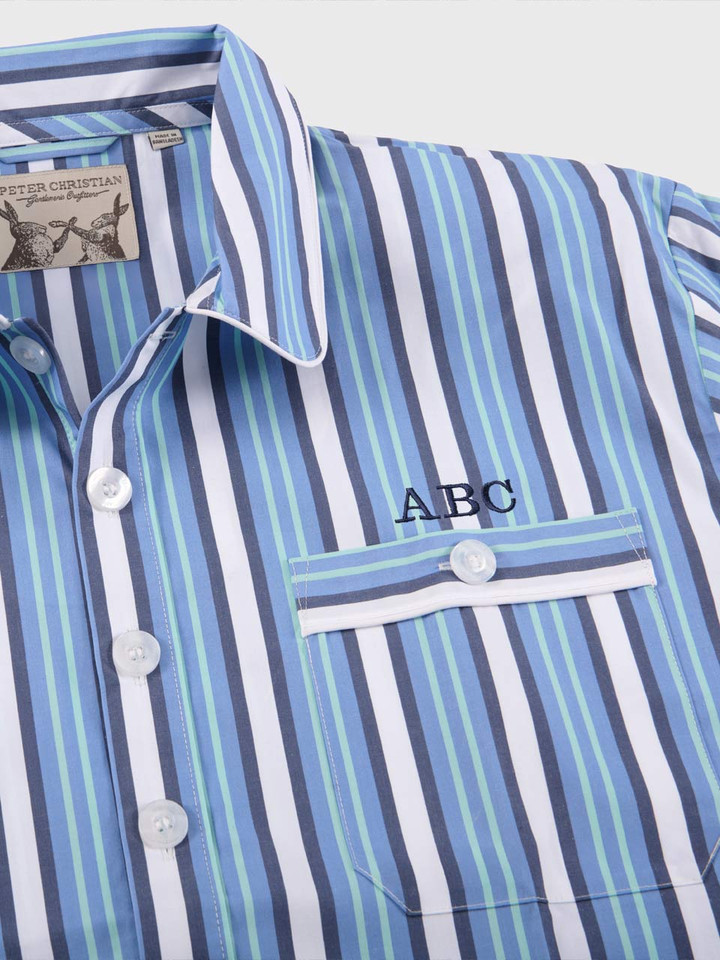 Mens Blue and Turquoise Nightshirt Monogramming Pocket Detail