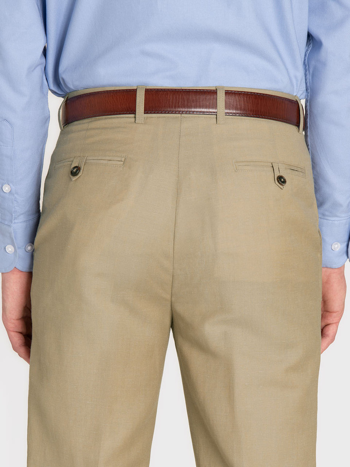 Mens Linen and Wool Trousers in Sand On Model Closeup