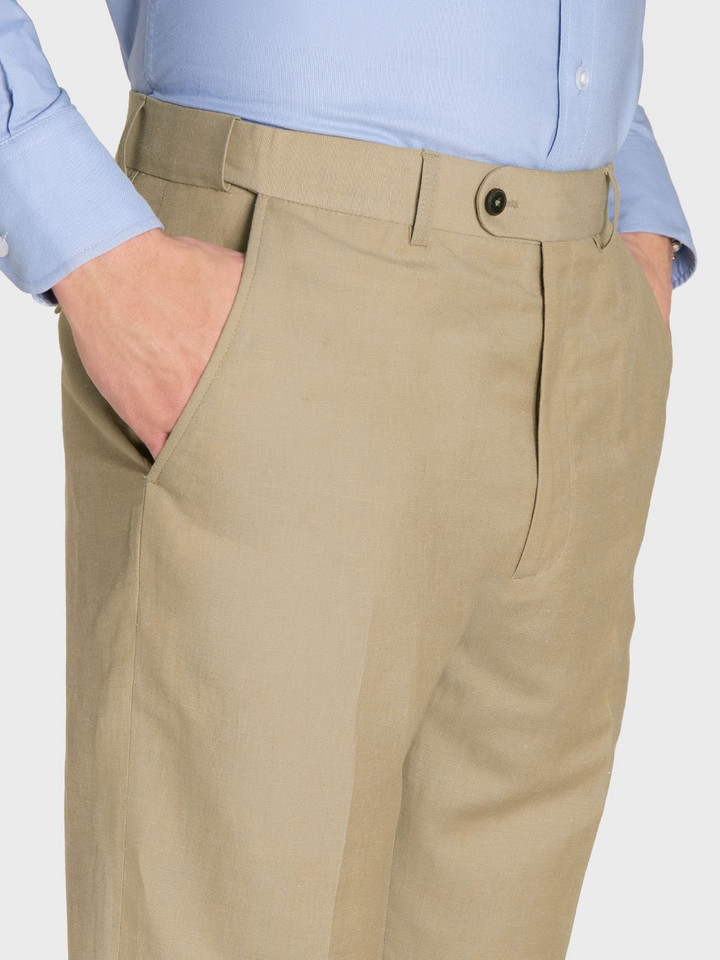 Mens Linen and Wool Trousers in Sand On Model Front Pockets