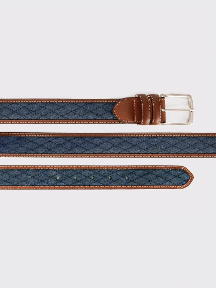 Mens Blue Cork Inlaid Handmade Leather Belt Length