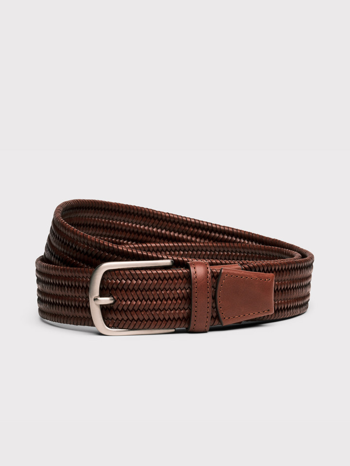Chestnut Brown Elasticated Leather Woven Belt Curled