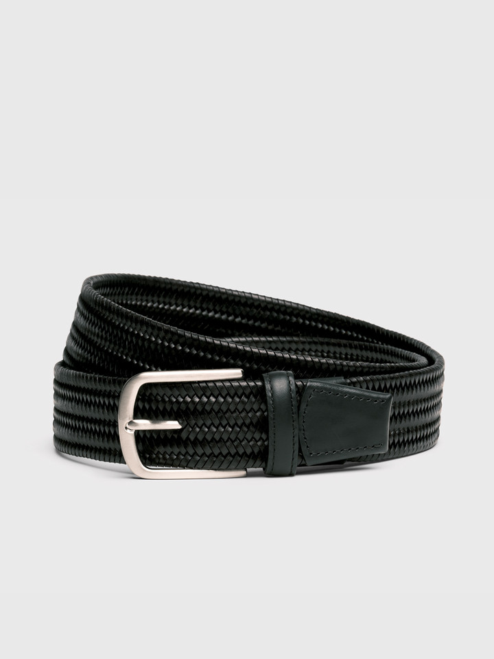 Black Elasticated Leather Woven Belt Curled