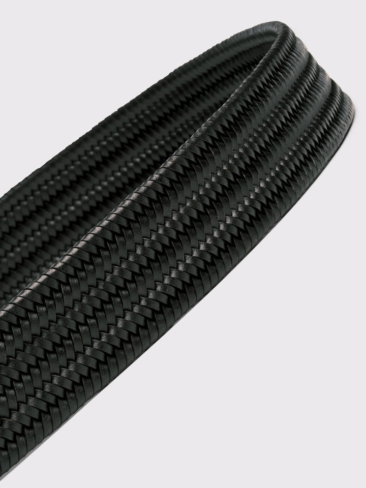 Black Elasticated Leather Woven Belt Close Up