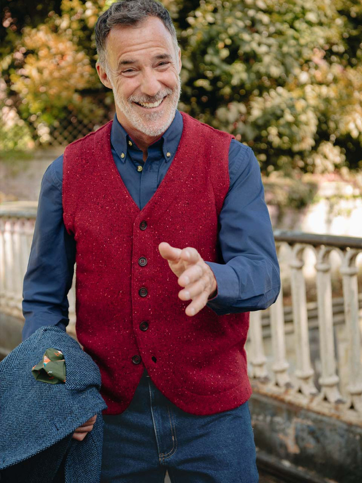 Model wears Red Knitted Waistcoat
