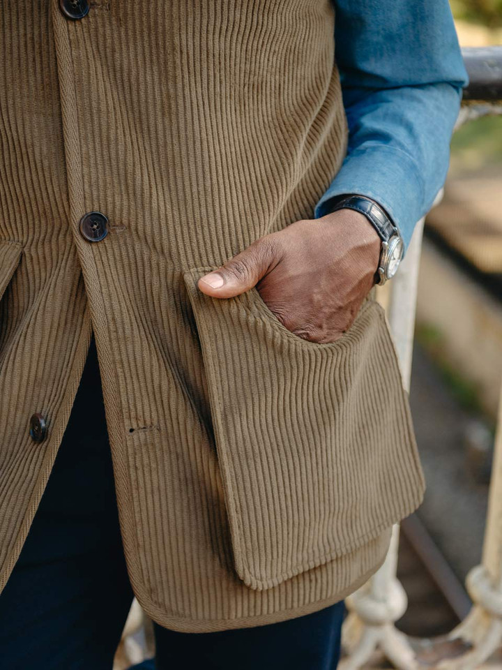 Lichen Corduroy Gilet On Model Pocket Detail