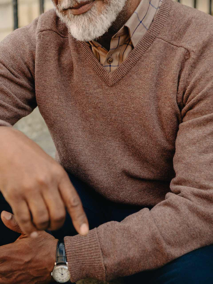 Mens Walnut Lambswool Jumper On Model
