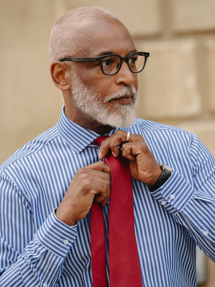 Navy and Blue Seidensticker Stripe Non Iron Shirt On Model