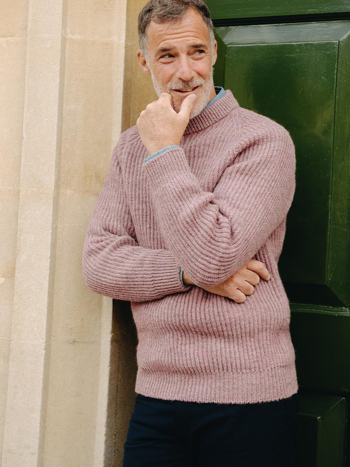Mulberry Pink British Wool Fisherman Jumper on Model