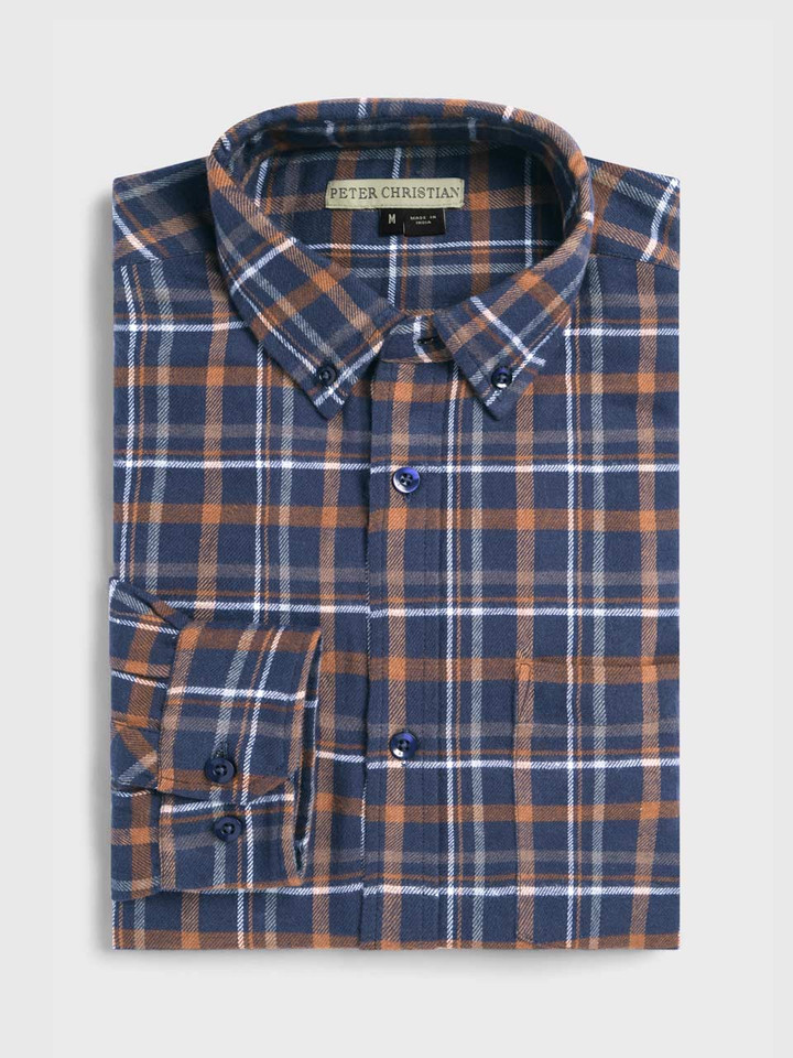 Mens Navy Brushed Check Shirt Folded