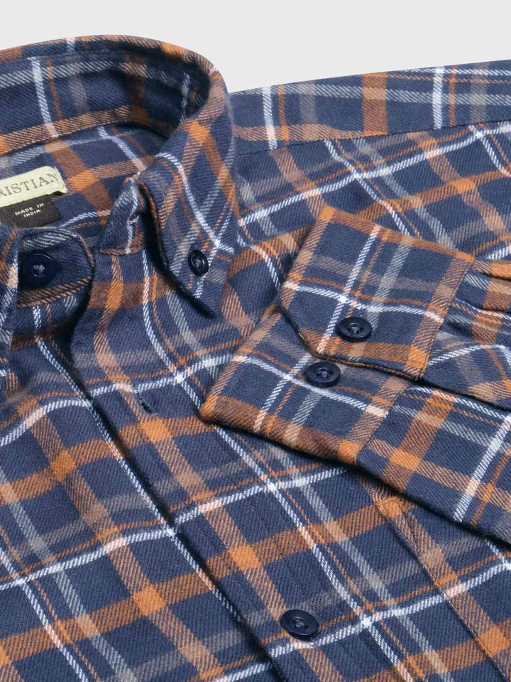 Mens Navy Brushed Check Shirt Sleeve Detail