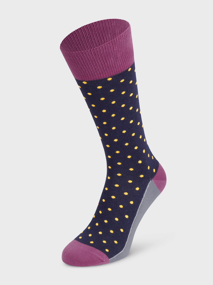 Mens Navy Blue Polka Dot Socks On Foot
