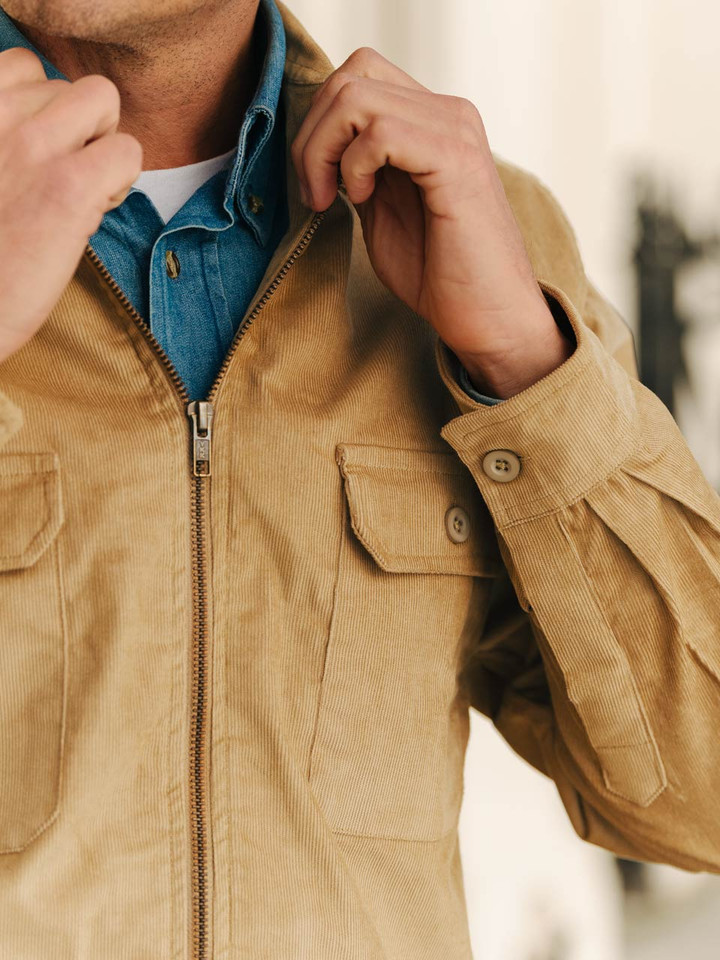 Mens Sand Needle Cord Shacket Details on Model