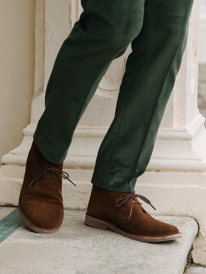 Mens Pine Tapered Corduroy Trousers On Model Legs & Feet