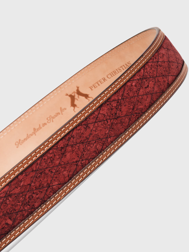 Mens Chestnut Red Cork Inlaid Handmade Leather Belt Closuep