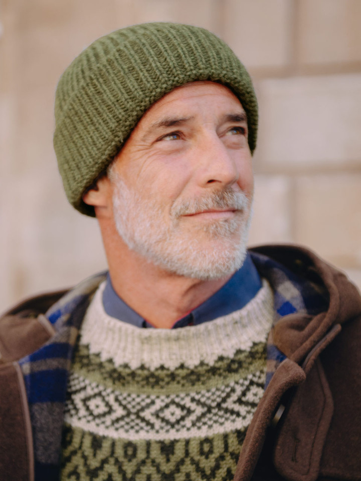 Mens Green British Wool Beanie Hat On Model