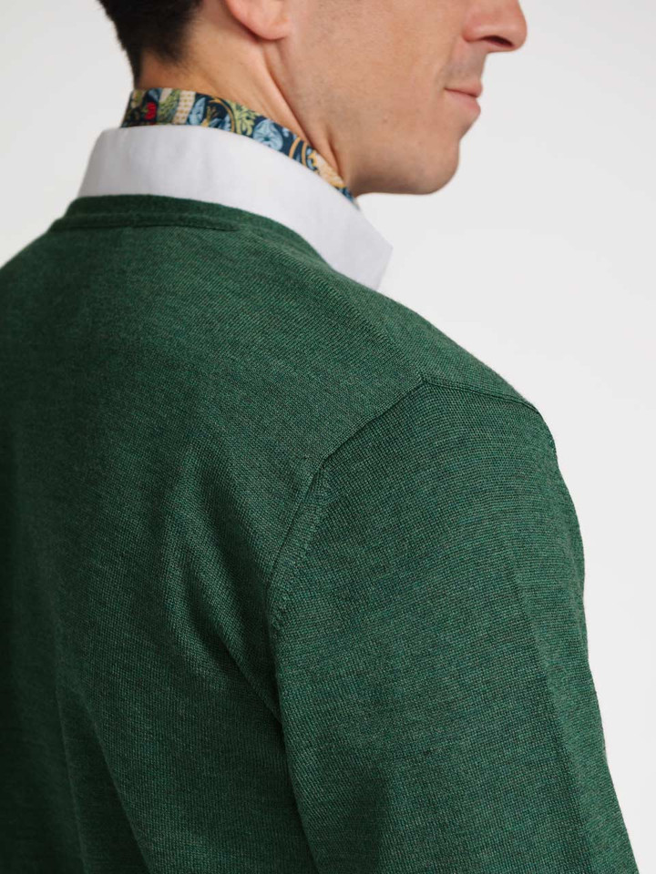 Mens Pine Merino Cardigan On Model Shoulder Closeup