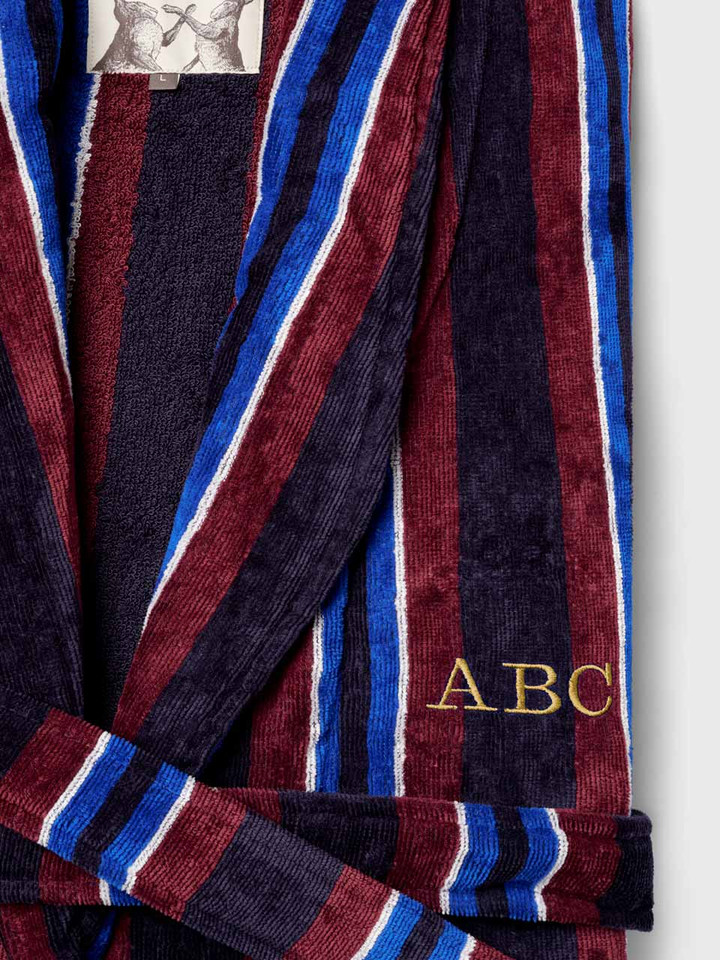 Mens Navy Stripe Towelling Dressing Gown Monogramming