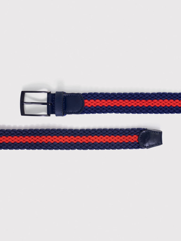 Men's Navy Blue and Red Stripe Woven Elastic Belt Leather Ends