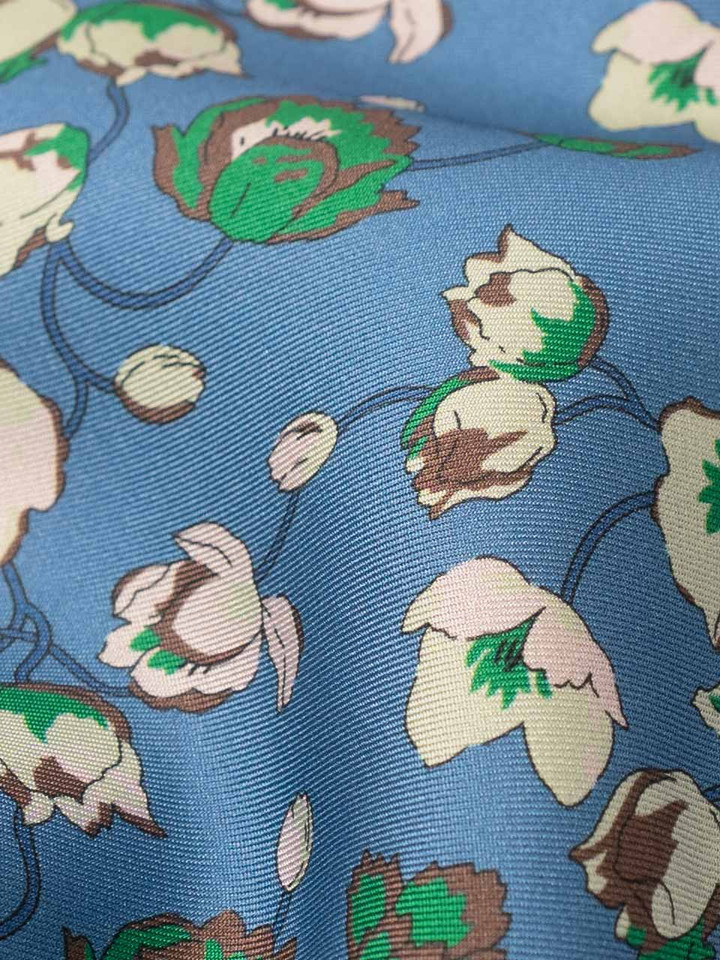 Mens Blue Floral Silk Cravat Fabric Closeup
