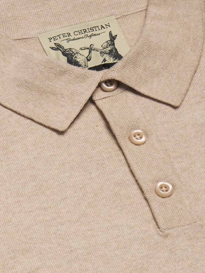 Mens Stone Knitted Polo Shirt Collar Closeup