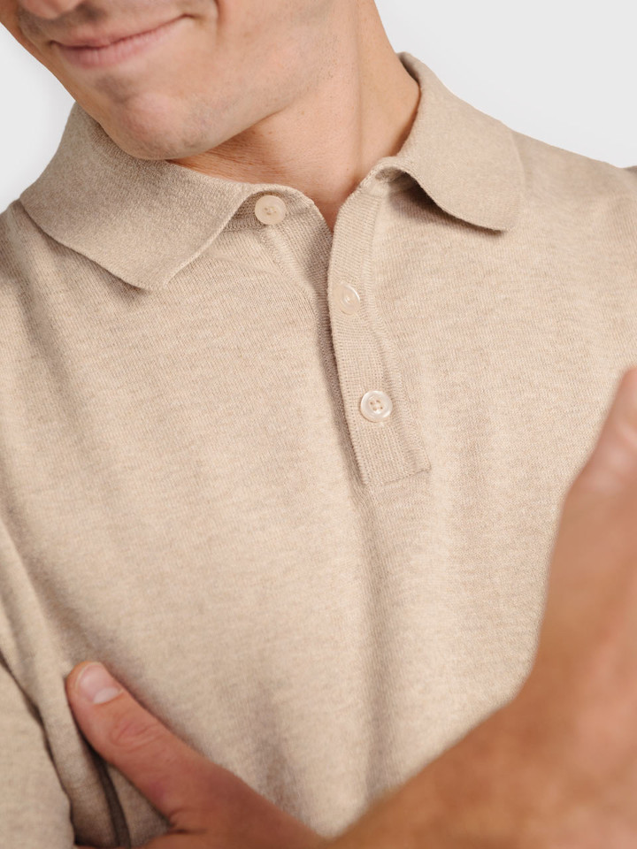 Mens Stone Knitted Polo Shirt on Model Collar Closeup