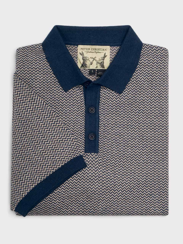 Navy & Stone Striped Knit Polo Shirt Folded