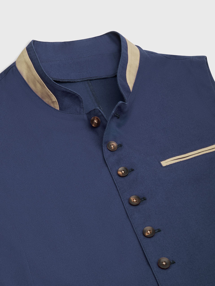 Mens Navy Alpine Waistcoat Collar & Button Closeup