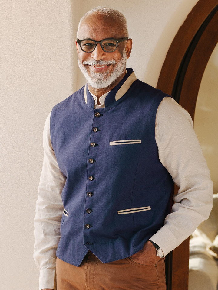 Mens Navy Alpine Waistcoat On Model