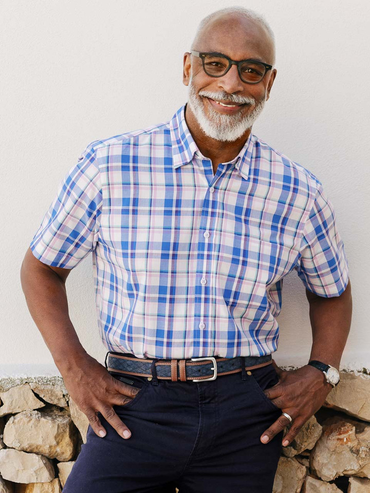 Blue & Pink Cotton Check Shirt On Model