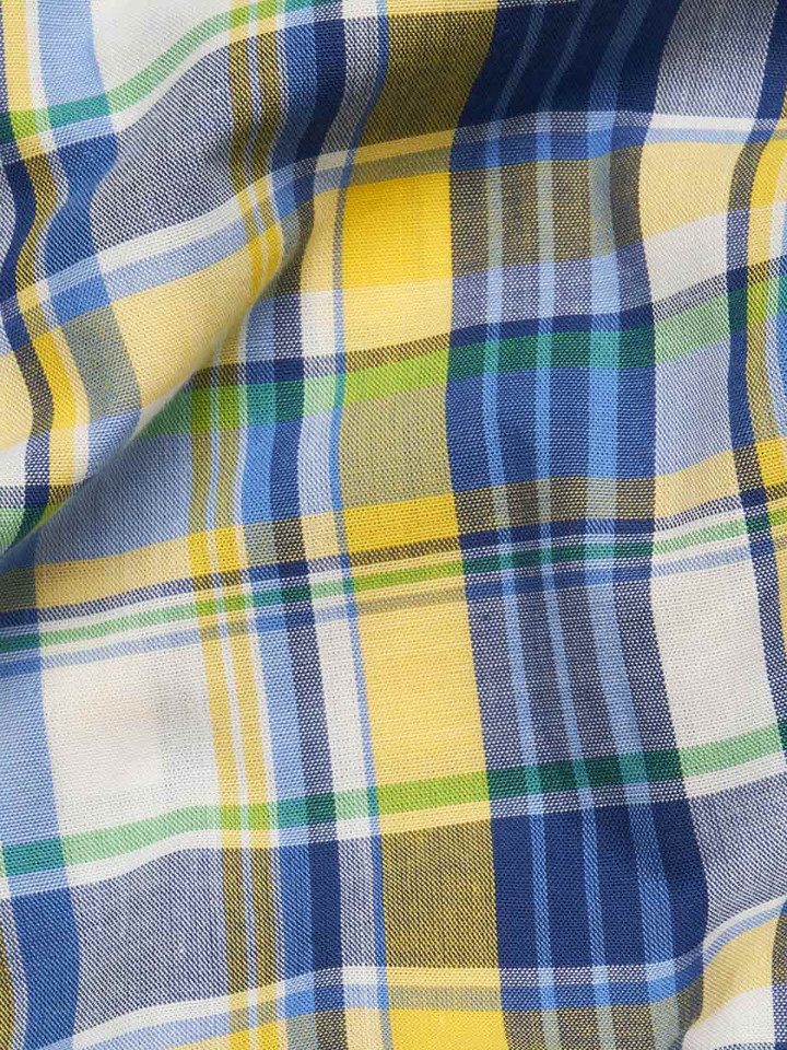 Mens Blue & Gold Short Sleeve Cotton Check Shirt Fabric Closeup
