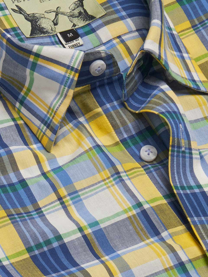 Mens Blue & Gold Short Sleeve Cotton Check Shirt Collar Closeup