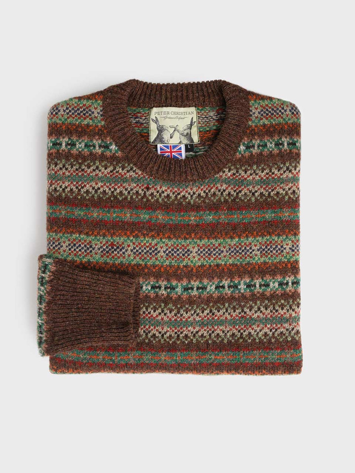 Brown Fairisle Crew Neck Sweater Folded
