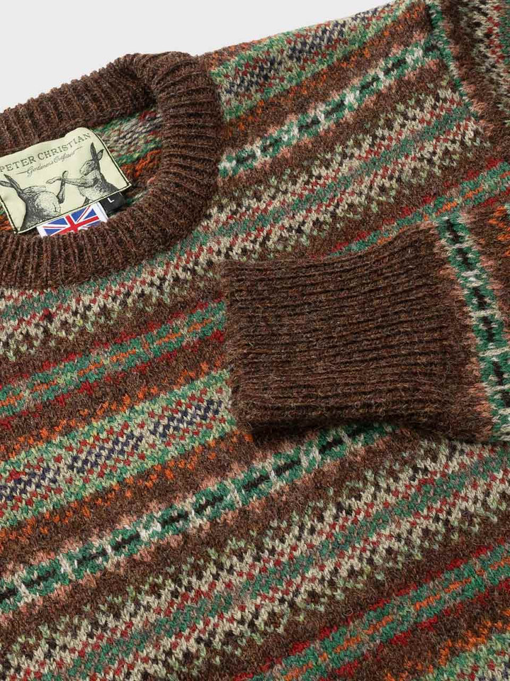 Brown Fairisle Crew Neck Sweater Close Up