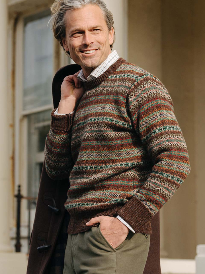Men's Brown Fairisle Knitted Crew Neck Jumper On Model