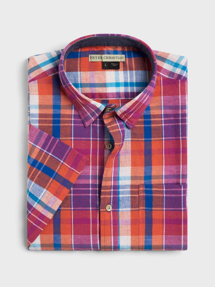 Mens Check Short Sleeve Linen and Cotton Shirt Folded
