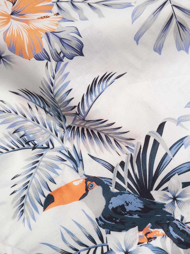 Mens White Floral Hawaiian Shirt  Fabric Closeup
