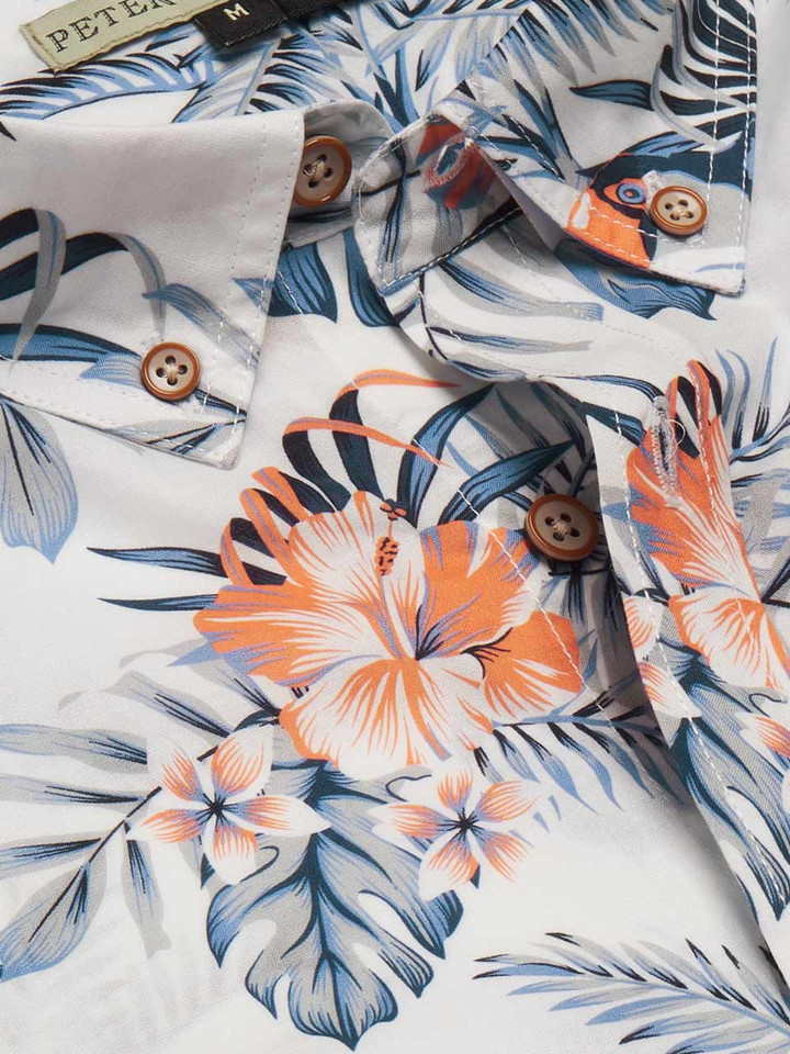 Mens White Floral Hawaiian Shirt Collar