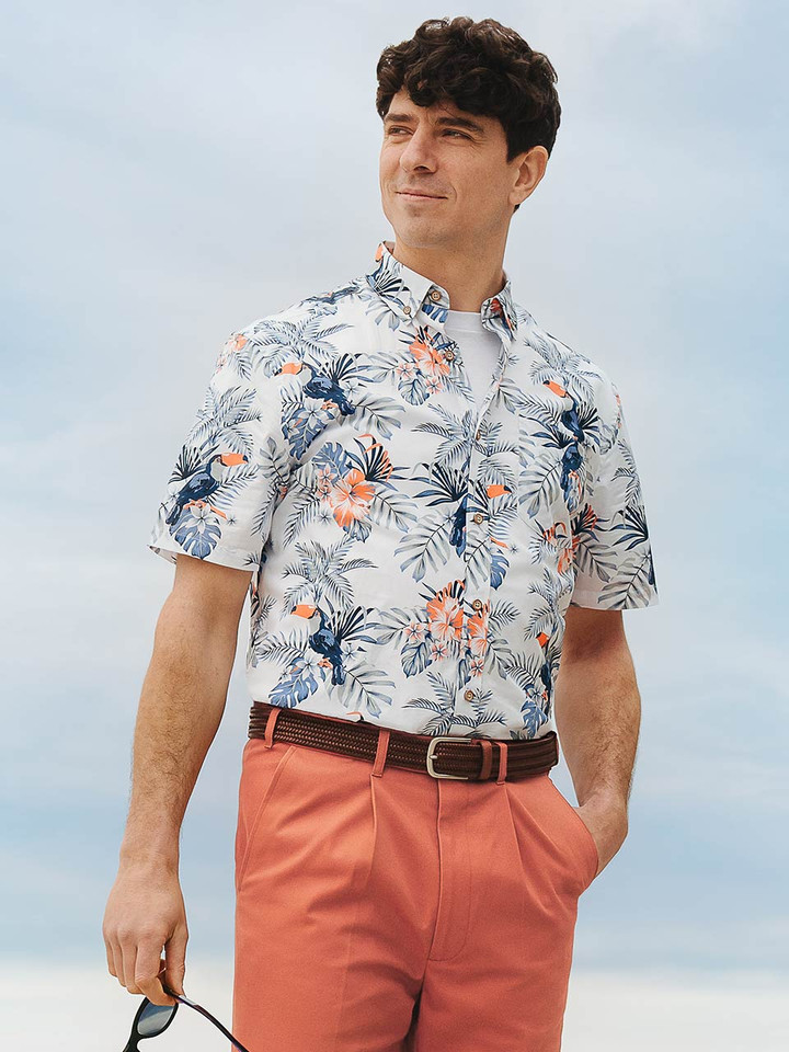 Mens White Floral Hawaiian Shirt on Model