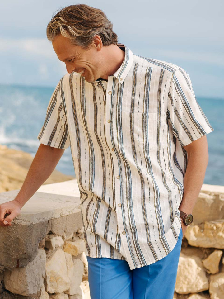 Mens Striped Textured Button Down Shirt On Model