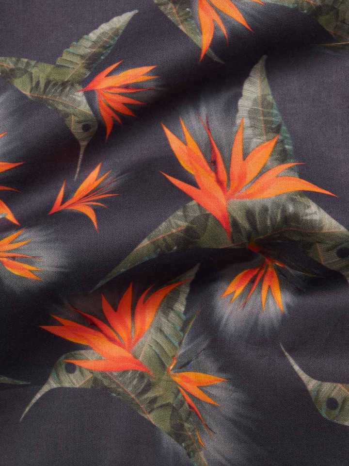Mens Navy Hummingbird Print Shirt Fabric Closeup