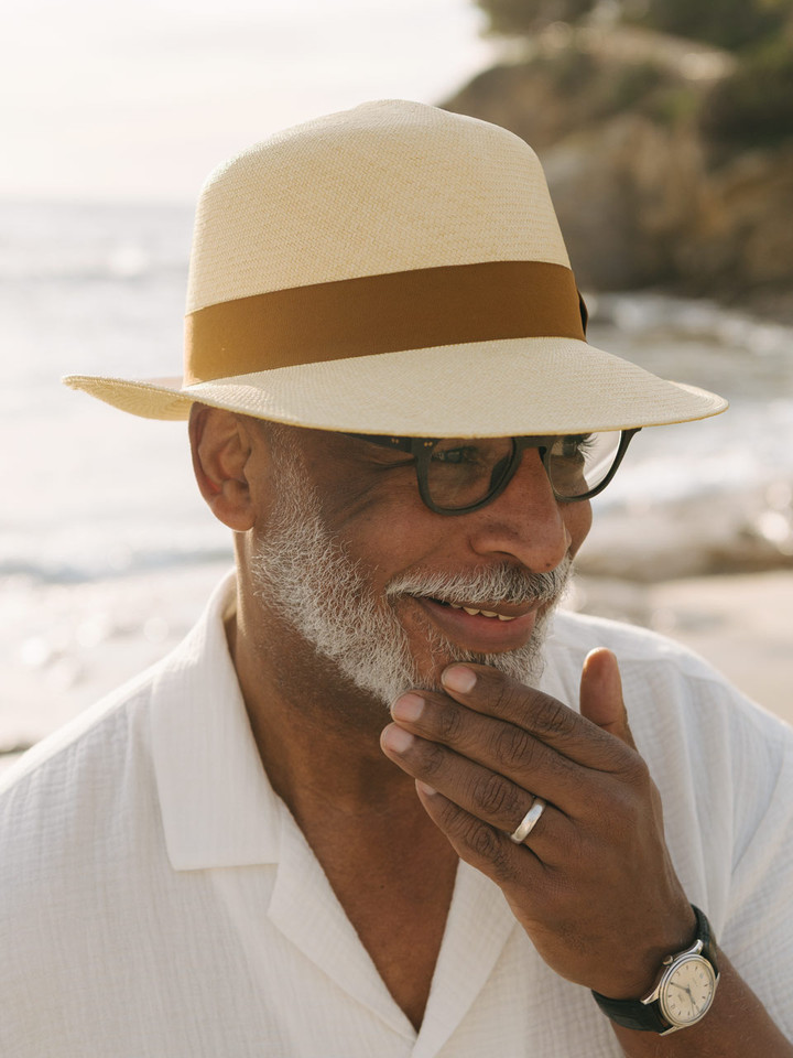 Mens Natural Folder Superfine Panama Hat on Model