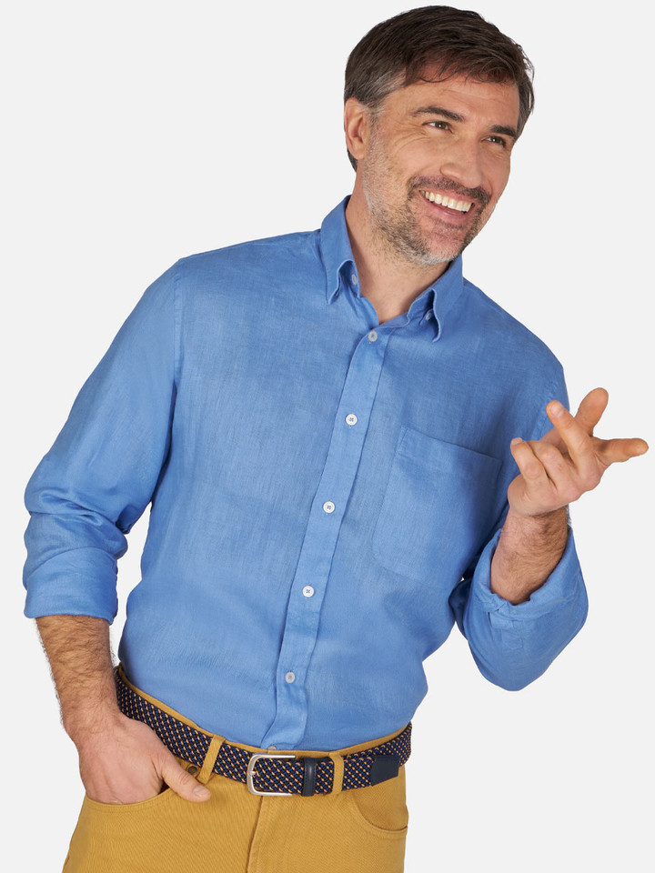 Model wears Blue Linen Long Sleeve Shirt