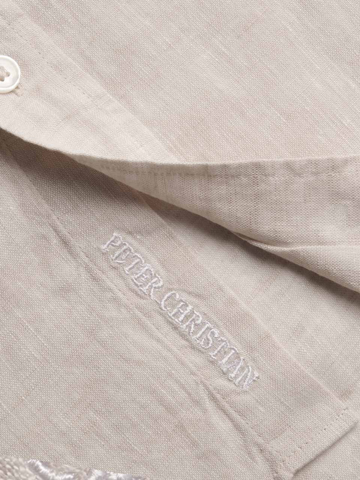 Mens Natural Linen Long Sleeve Shirt Embroidery