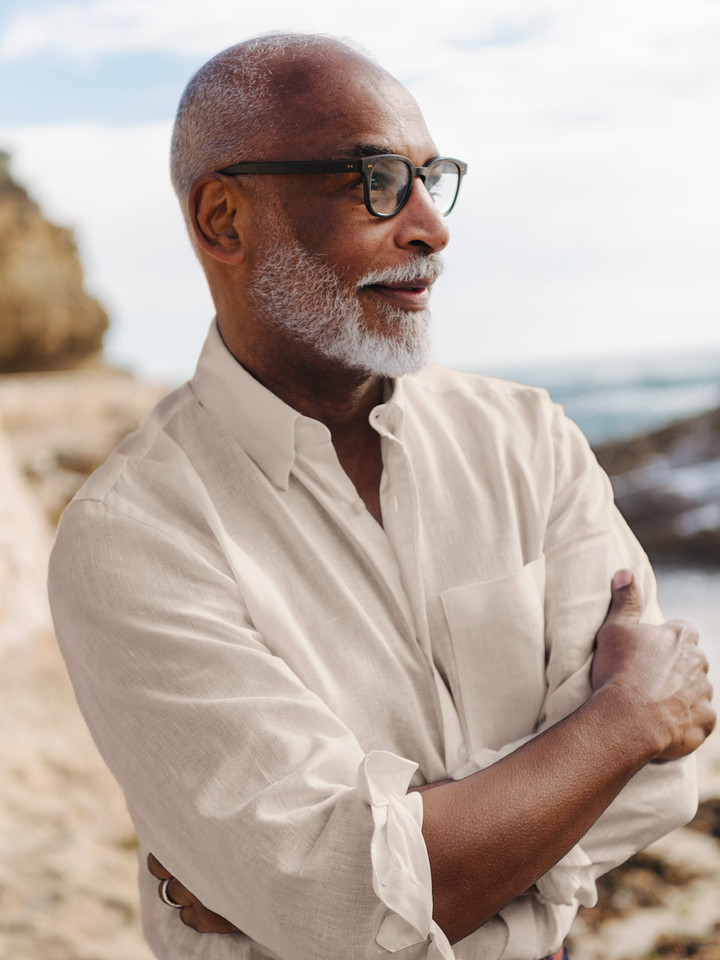 Mens Natural Linen Long Sleeve Shirt on Model