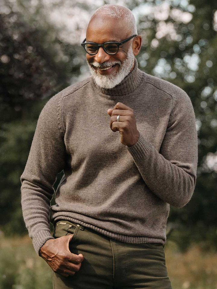 Mens Mushroom Brown Lambswool Roll Neck Jumper on Model